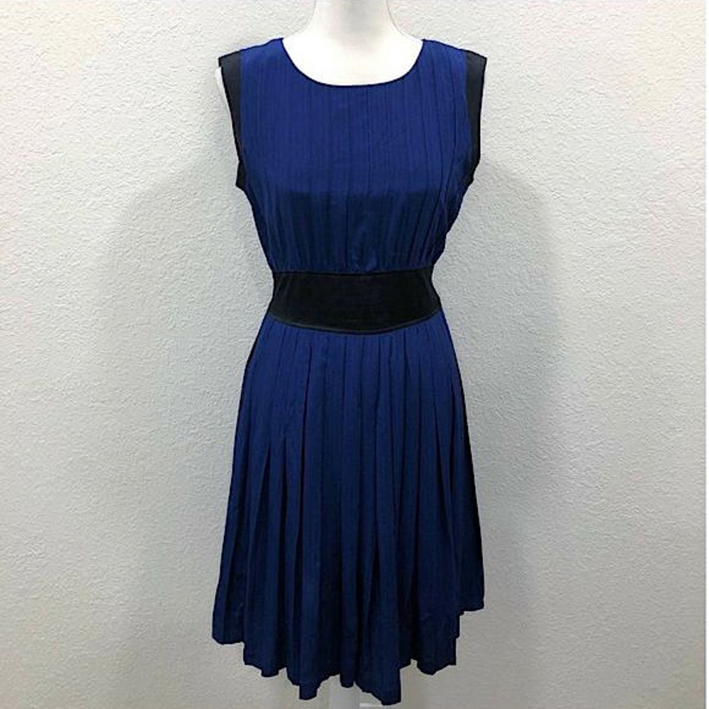 Rag & Bone Blue Black Pleated Herringbone Pattern Silk Dress - Size 0